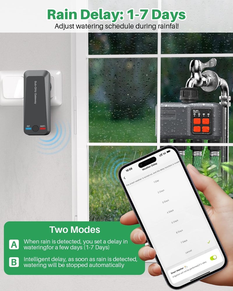 johgee WiFi Sprinkler Timer 4 Zone with 984 Feet RF Gateway, 4 Outlet Smart Water Timer for Garden Hose with Rain Delay/Manual/Automatic,WiFi Water Hose Timers for Garden & Lawns - Image 4